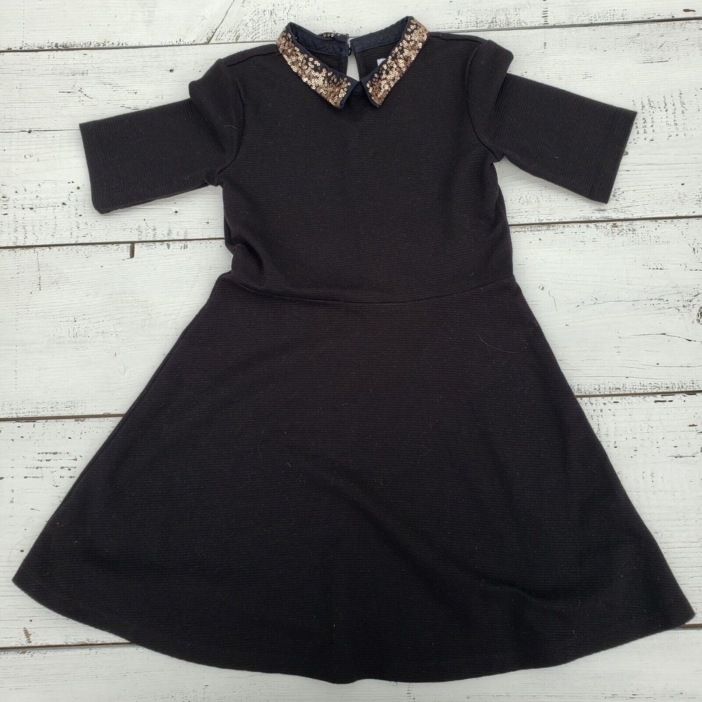 Gap Kids Black Collared (Gold Sequins) Dress Girls Sz 8 3/4 Sleeves Pre-Owned - Picture 1 of 2